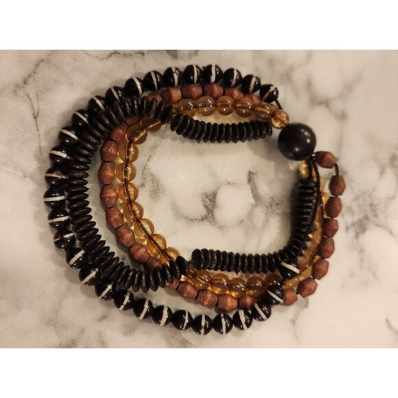 Beaded Bracelet Set With Black Amber & Brown Beads 4 Stretchable Strands - Picture 2 of 3